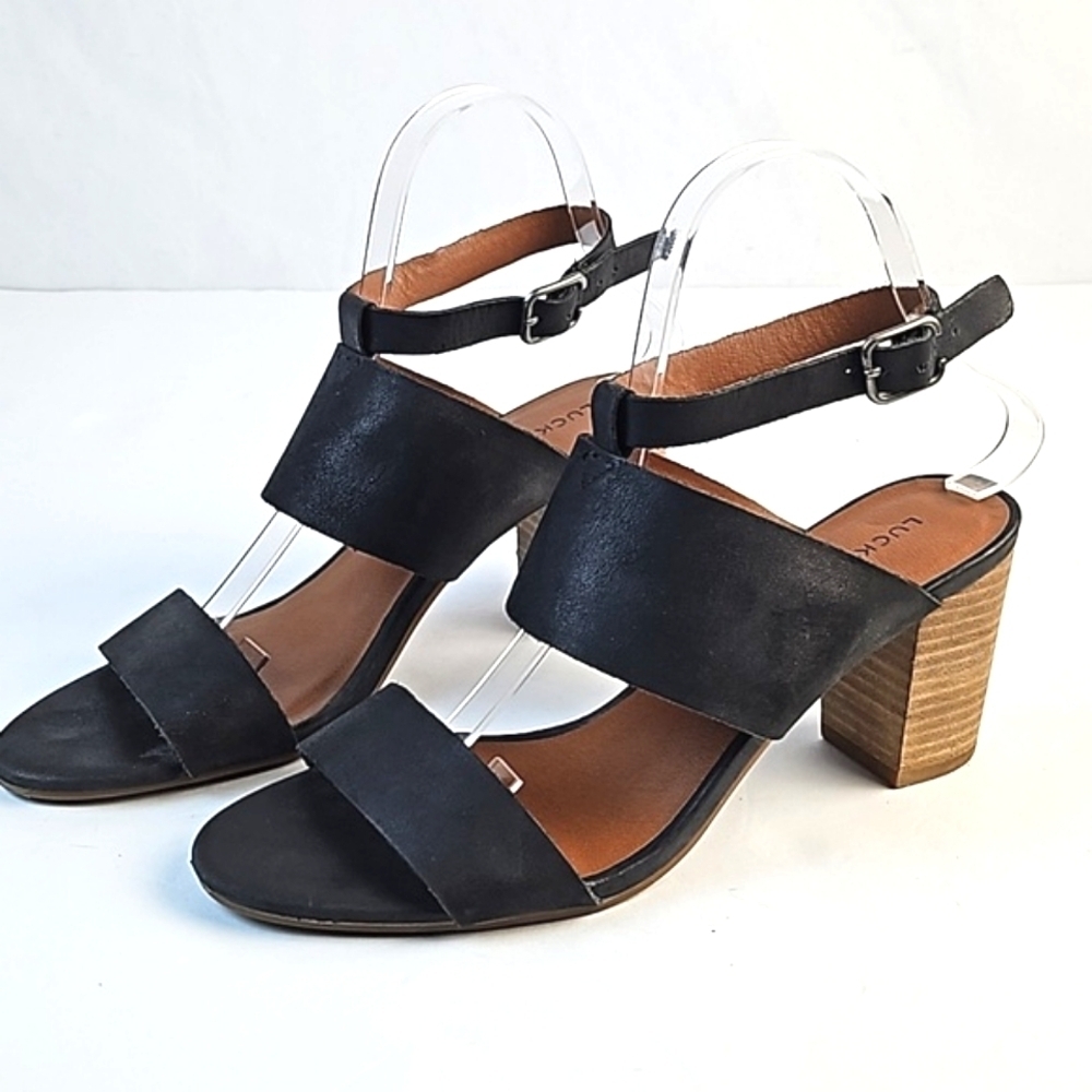 Lucky Brand Jodalee Black Leather Ankle Strap Wooden Stacked Block Heel Sandal - Picture 2 of 16